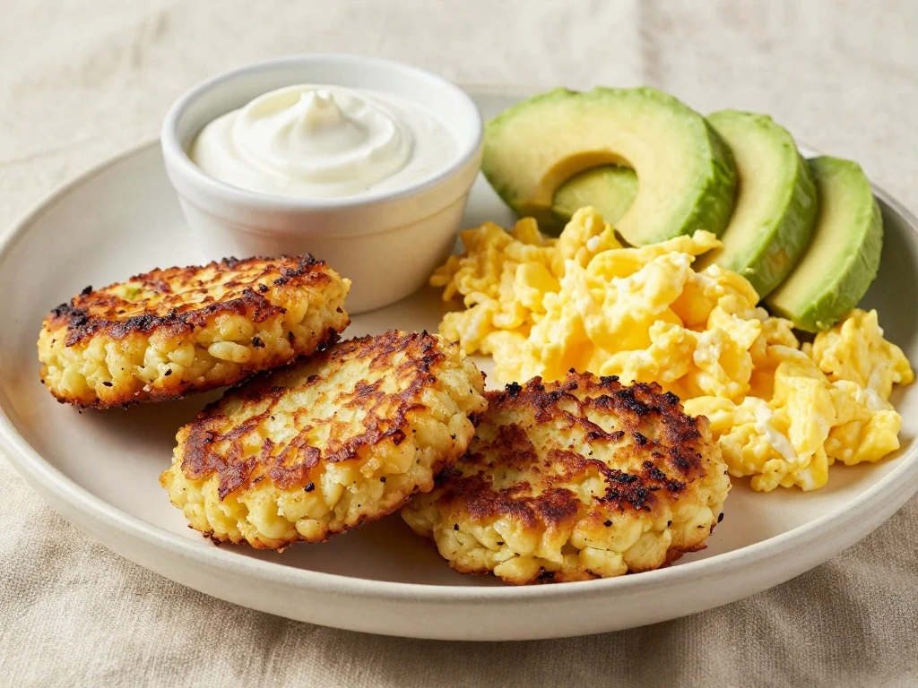 Golden jicama hash brown patties served with eggs and avocado
