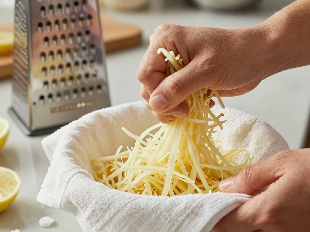 Squeezing moisture from grated jicama before making hash browns
