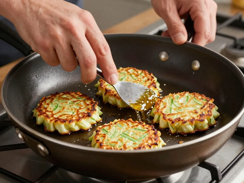 Jicama hash brown patties browning in a skillet