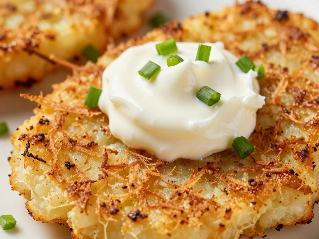 Close-up of a jicama hash brown with sour cream and chives