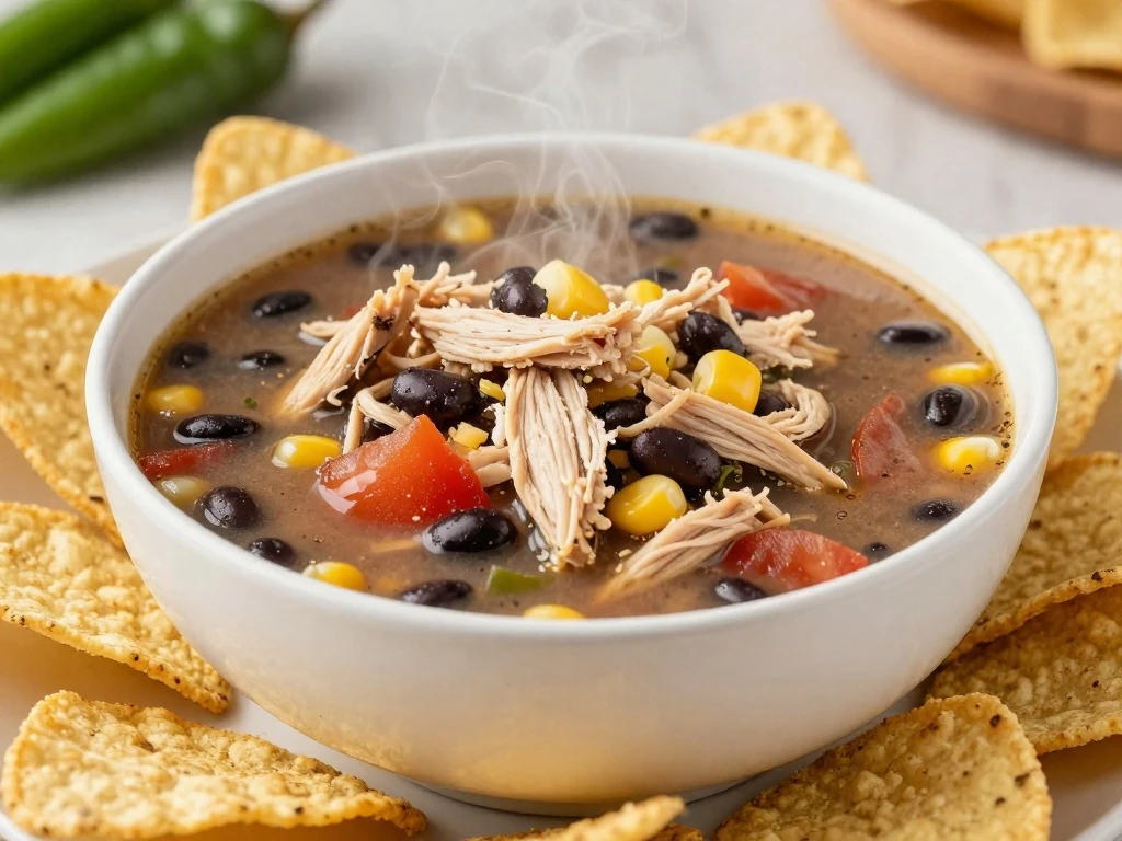 A hearty bowl of Kara's Chicken Tortilla Soup with chicken, beans, corn, and tortilla strips