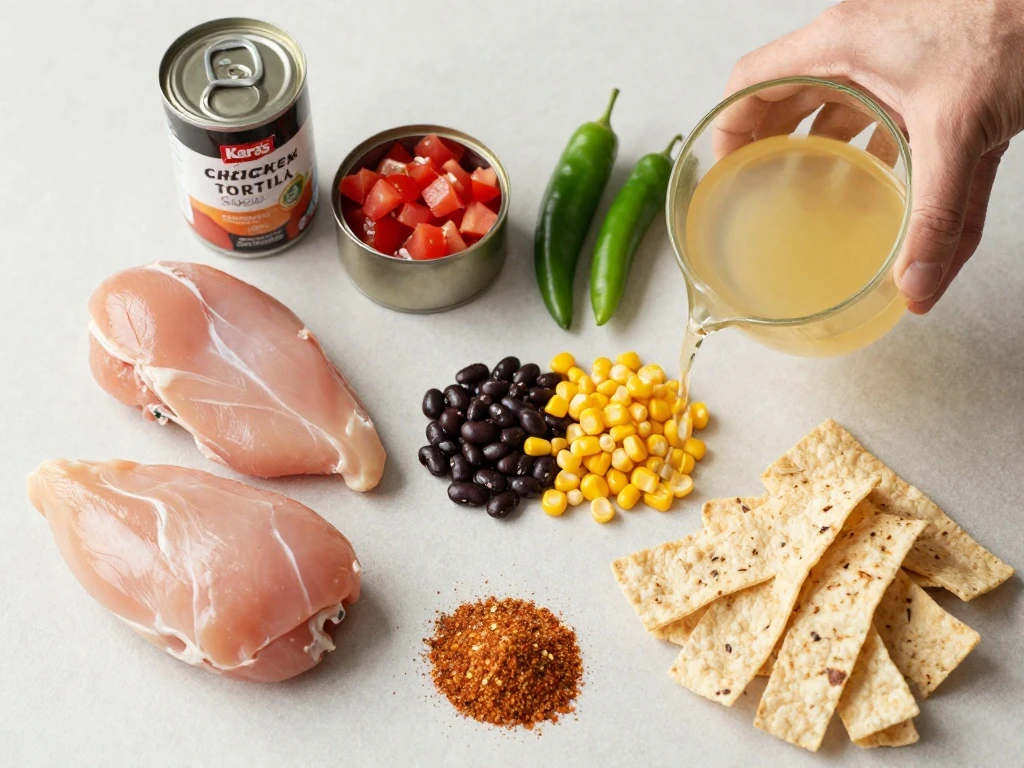 Ingredients for slow-cooker chicken tortilla soup arranged in a flat lay