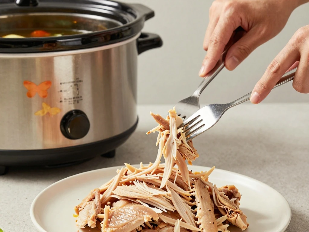 Cooked chicken being shredded for Kara's slow-cooker tortilla soup