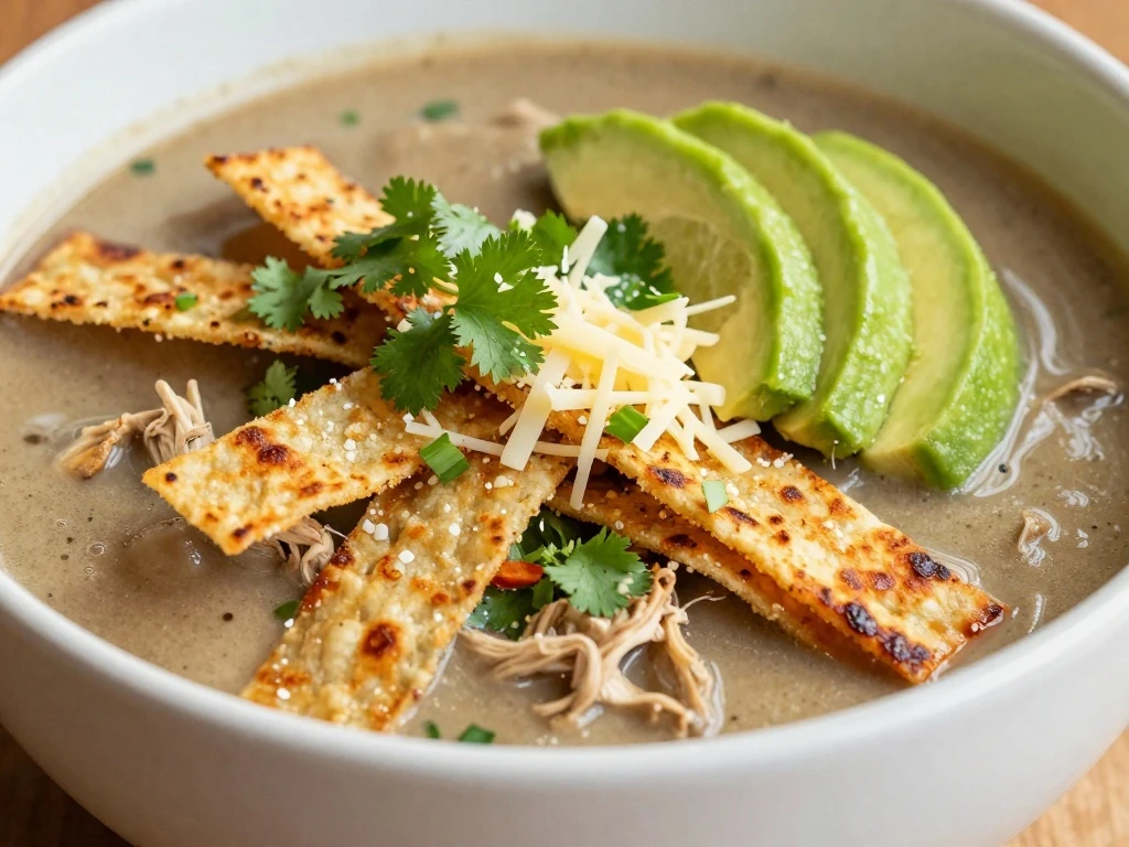 Chicken tortilla soup garnished with tortilla strips, lime, cilantro, avocado, and cheese