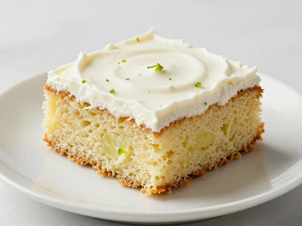 A frosted slice of moist Key Lime Cake with lime zest