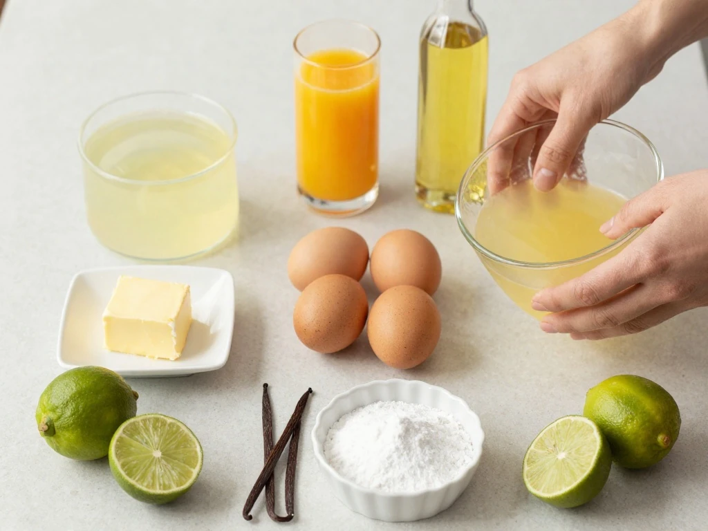 Ingredients for Key Lime Cake arranged on a countertop