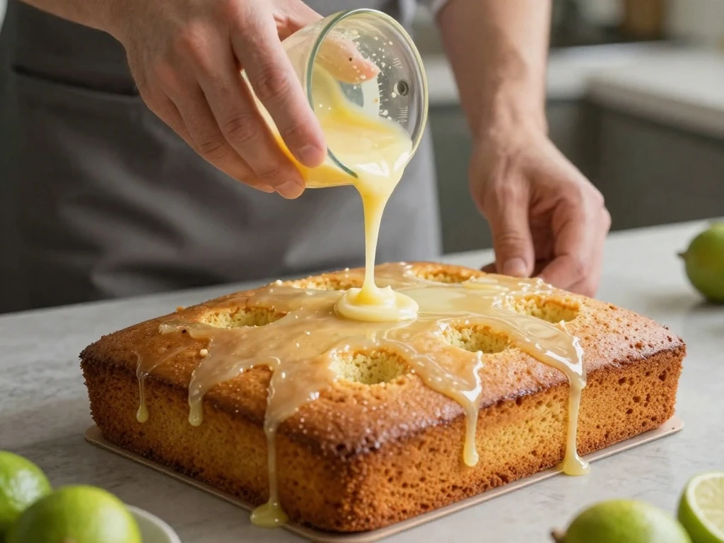 Key lime glaze being poured over a warm cake