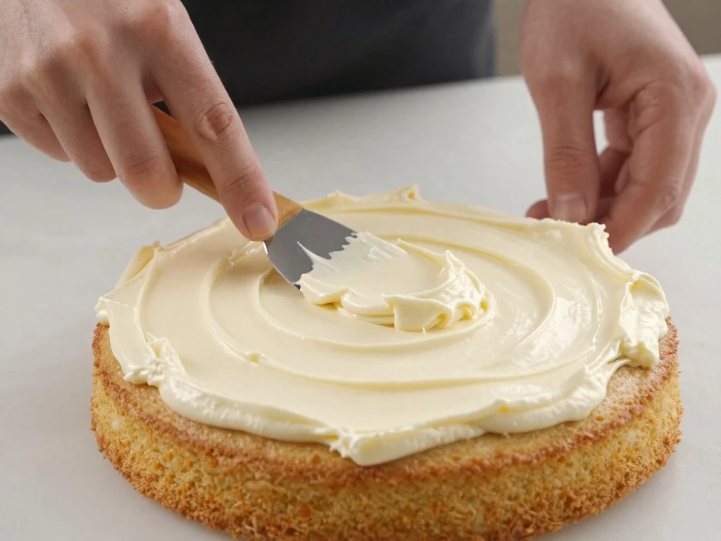 Cream-cheese frosting being spread over cooled Key Lime Cake