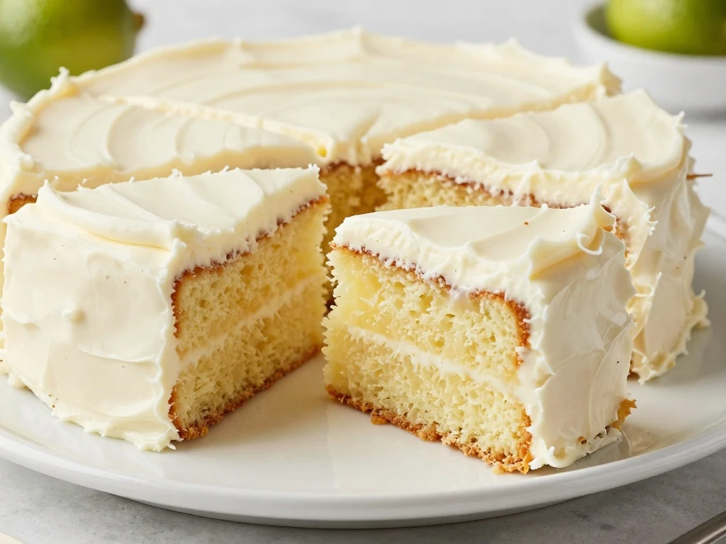 Slices of frosted key lime cake showing the moist citrus crumb