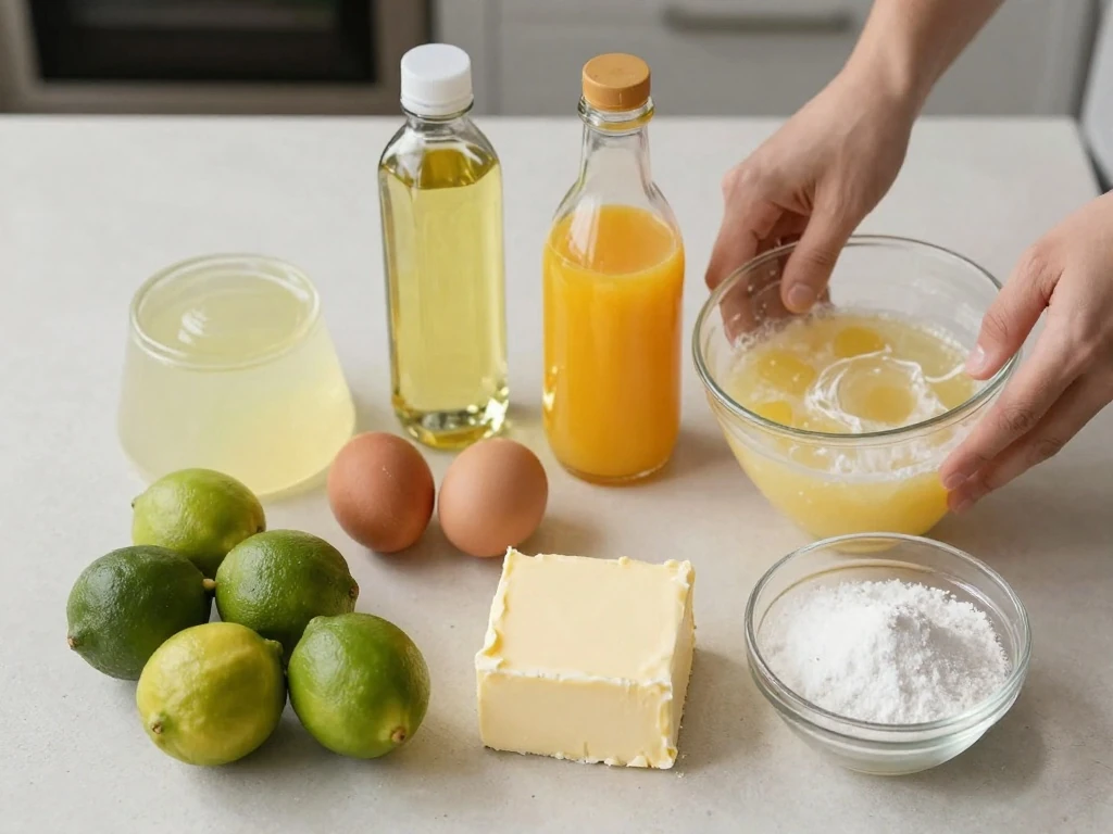 Ingredients for homemade key lime cake and cream-cheese frosting