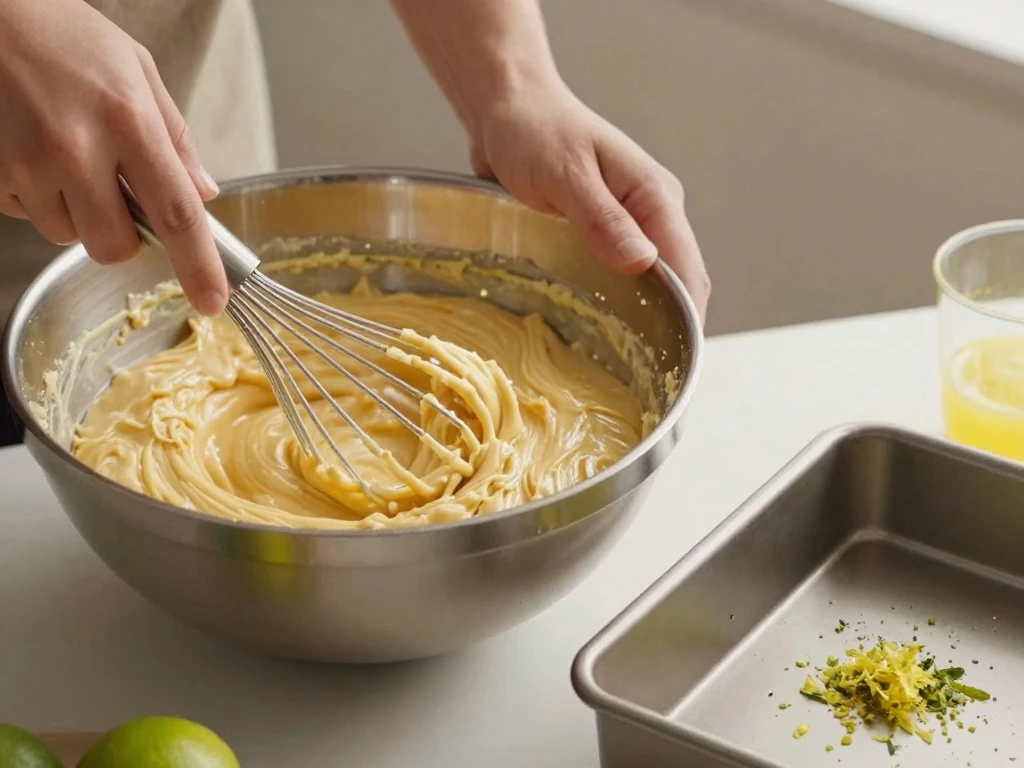 Mixing the citrus batter for key lime cake