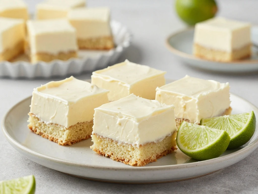 Chilled key lime cake squares ready to serve
