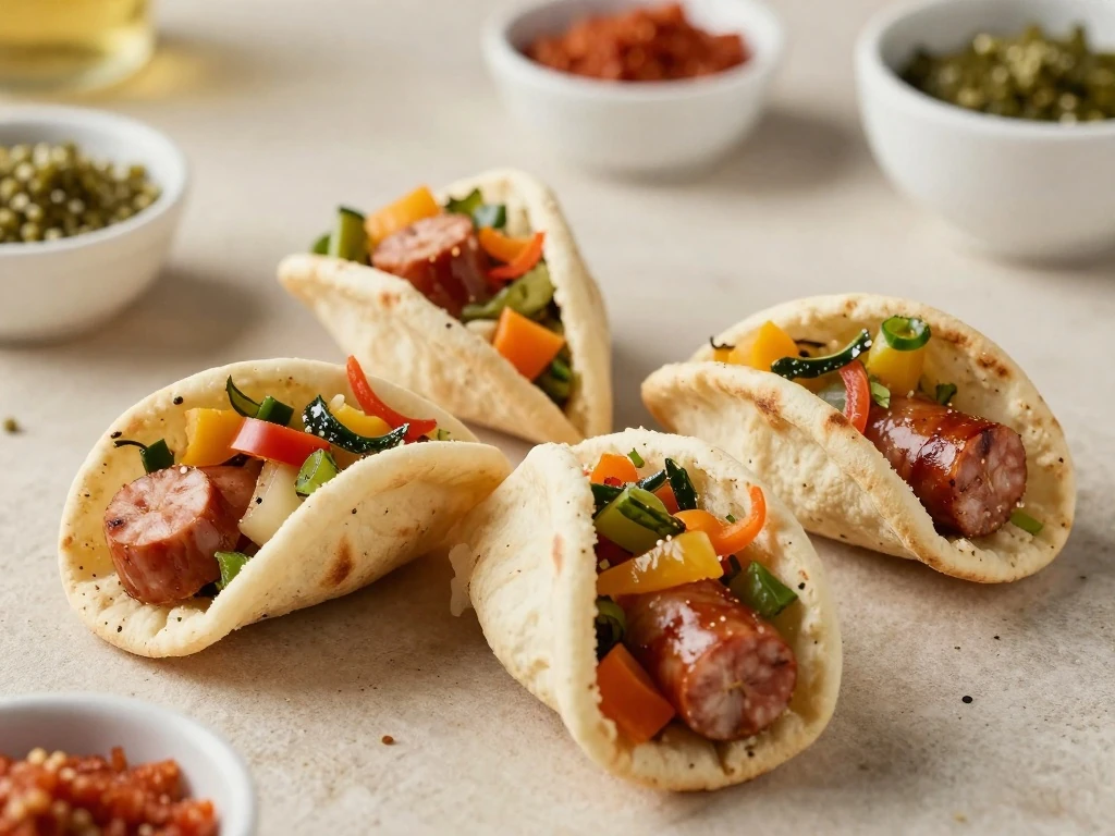 Kielbasa fajitas with colorful peppers served in warm pita bread