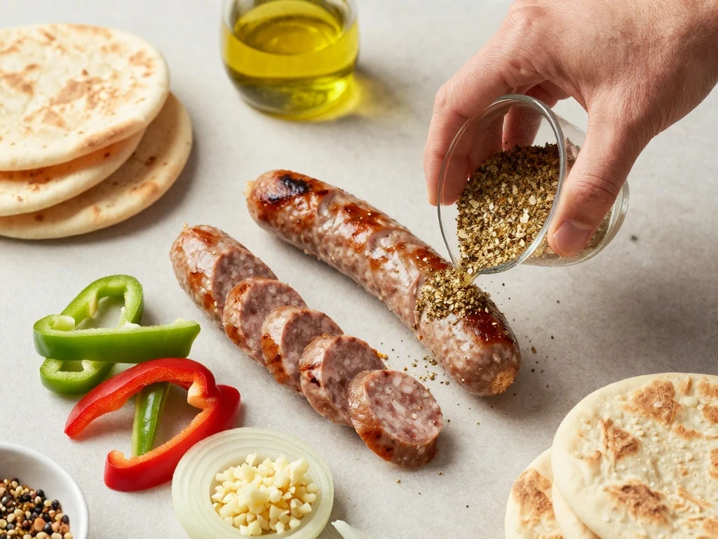 Ingredients for kielbasa fajitas with pita bread