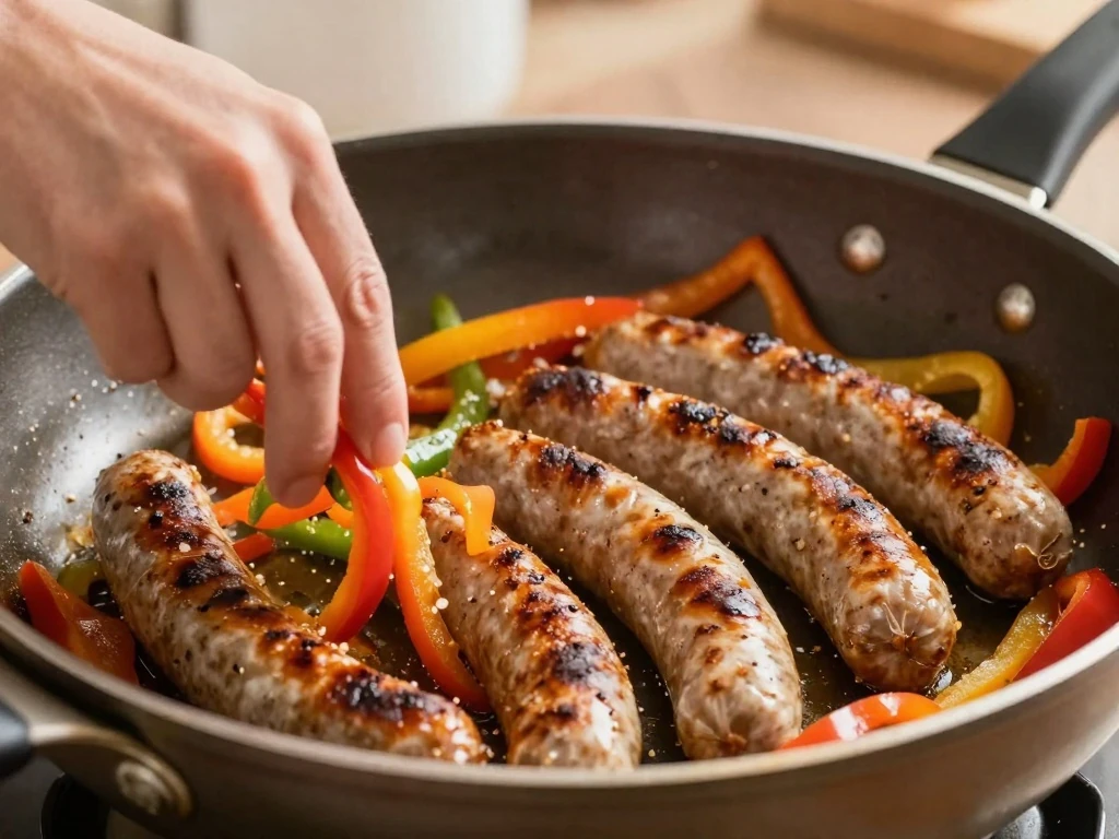 Kielbasa and peppers cooking in a skillet for pita fajitas