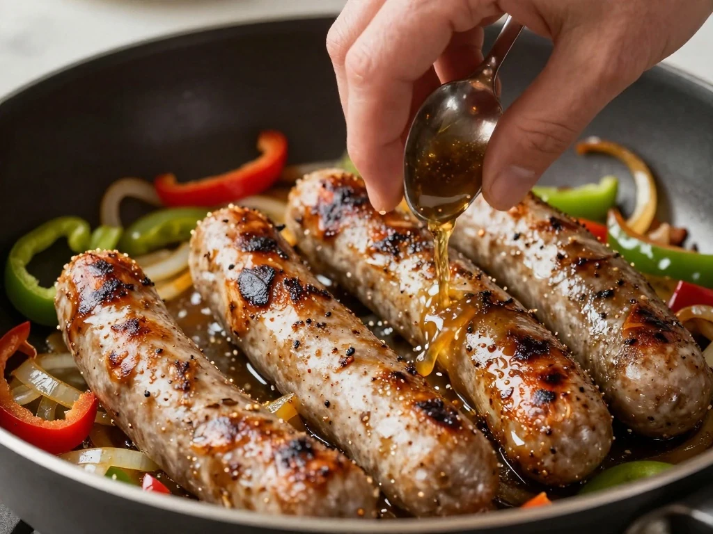 Seasoned kielbasa and vegetables being finished in a skillet
