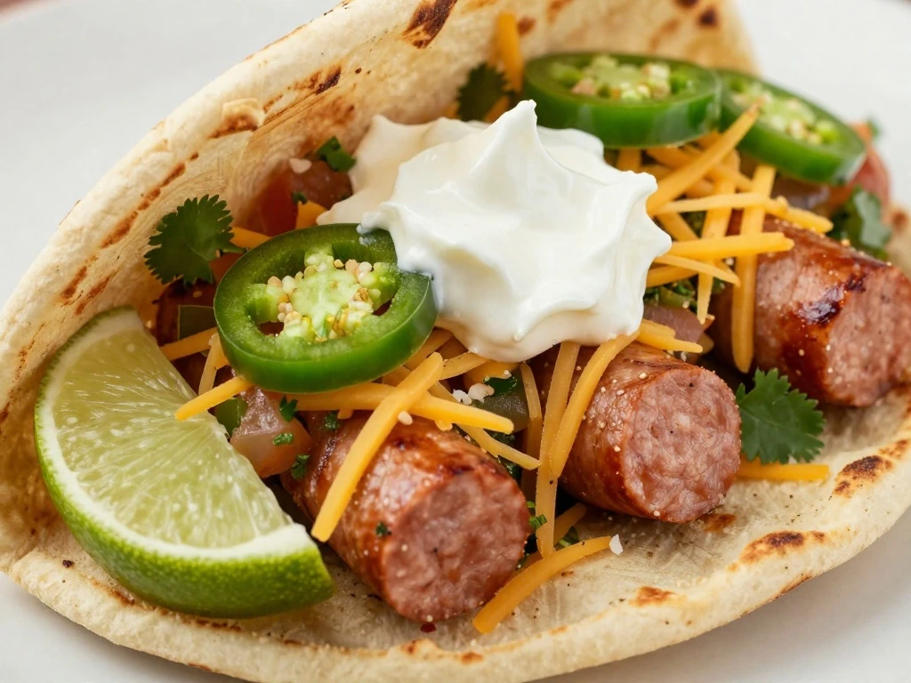 Pita fajita topped with salsa cheese sour cream jalapeños cilantro and lime