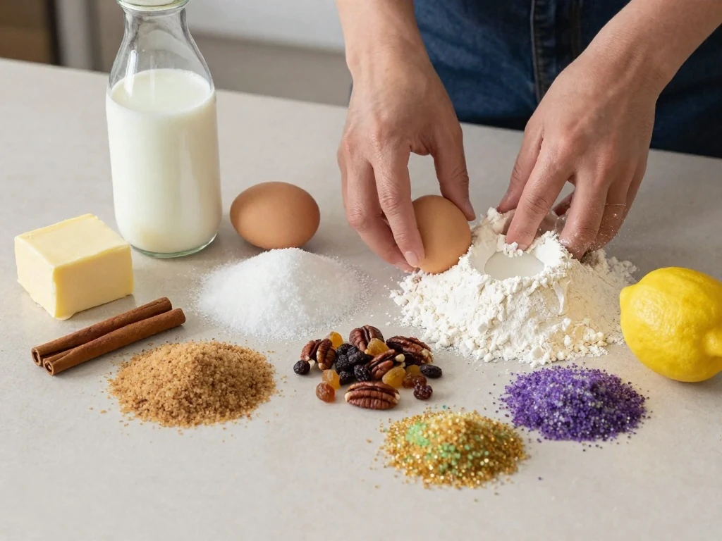 Ingredients for an easy Mardi Gras king cake arranged on a counter