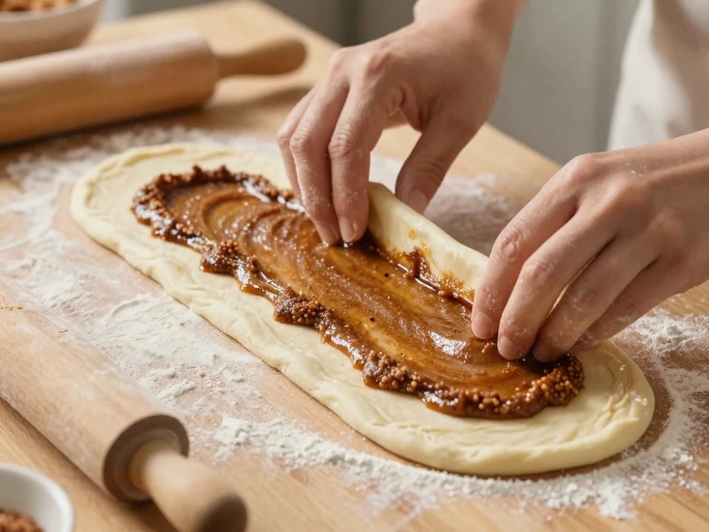 Rolling king cake dough into a rectangle before adding the filling