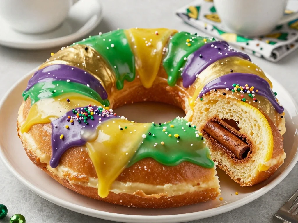 Colorful iced king cake served as a Mardi Gras centerpiece