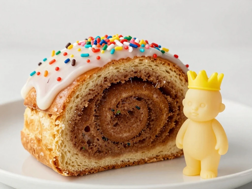 King cake slice with colorful sugar and the food-safe token served separately