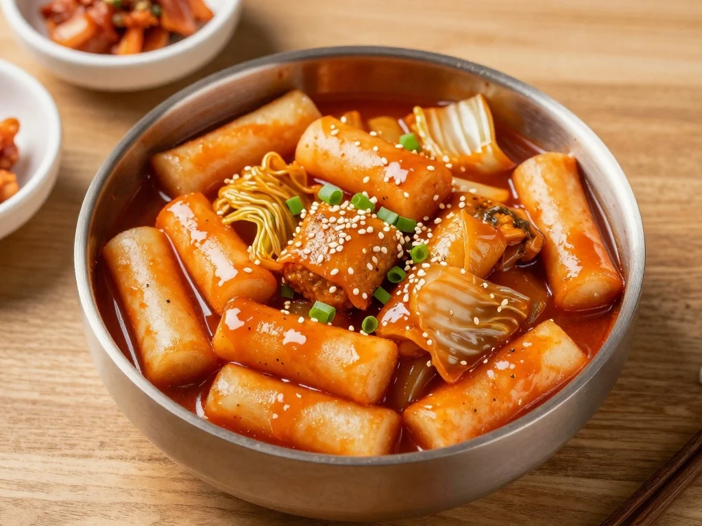 A comforting bowl of homemade Korean rice cakes in spicy gochujang sauce