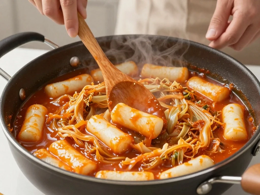 Rice cakes simmering in Korean spicy sauce