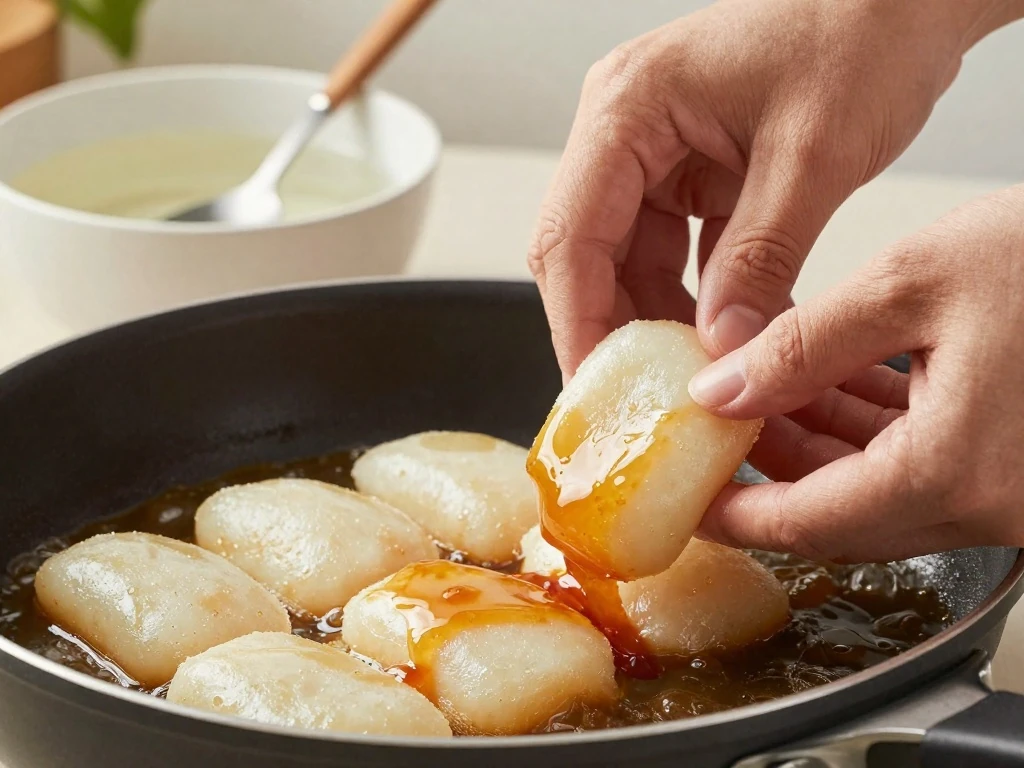 Preparing chewy Korean rice cakes before simmering