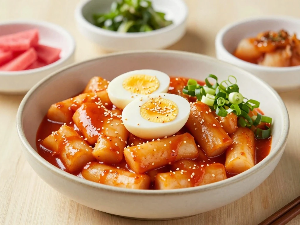 Korean rice cakes served with egg and Korean side dishes