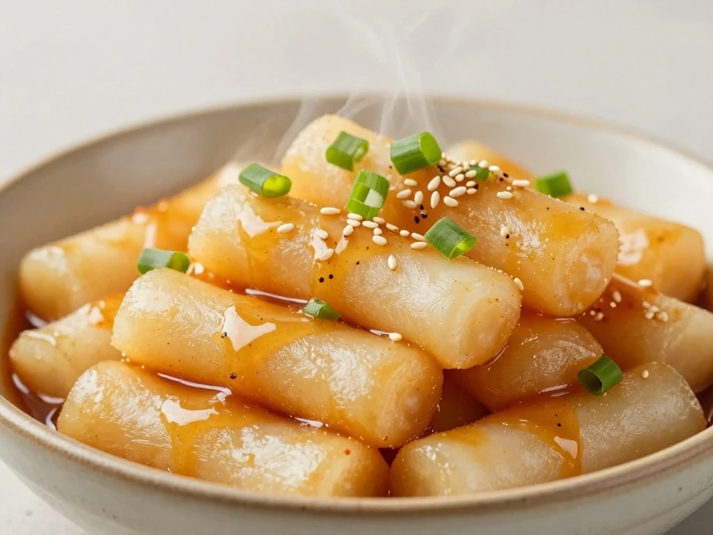 Glossy reheated tteokbokki with green onion and sesame garnish