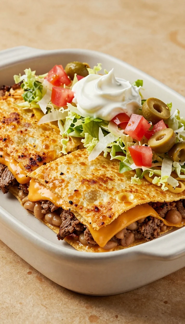Layered Tostada Bake Recipe with Beef, Beans, and Cheesy Corn Tortillas