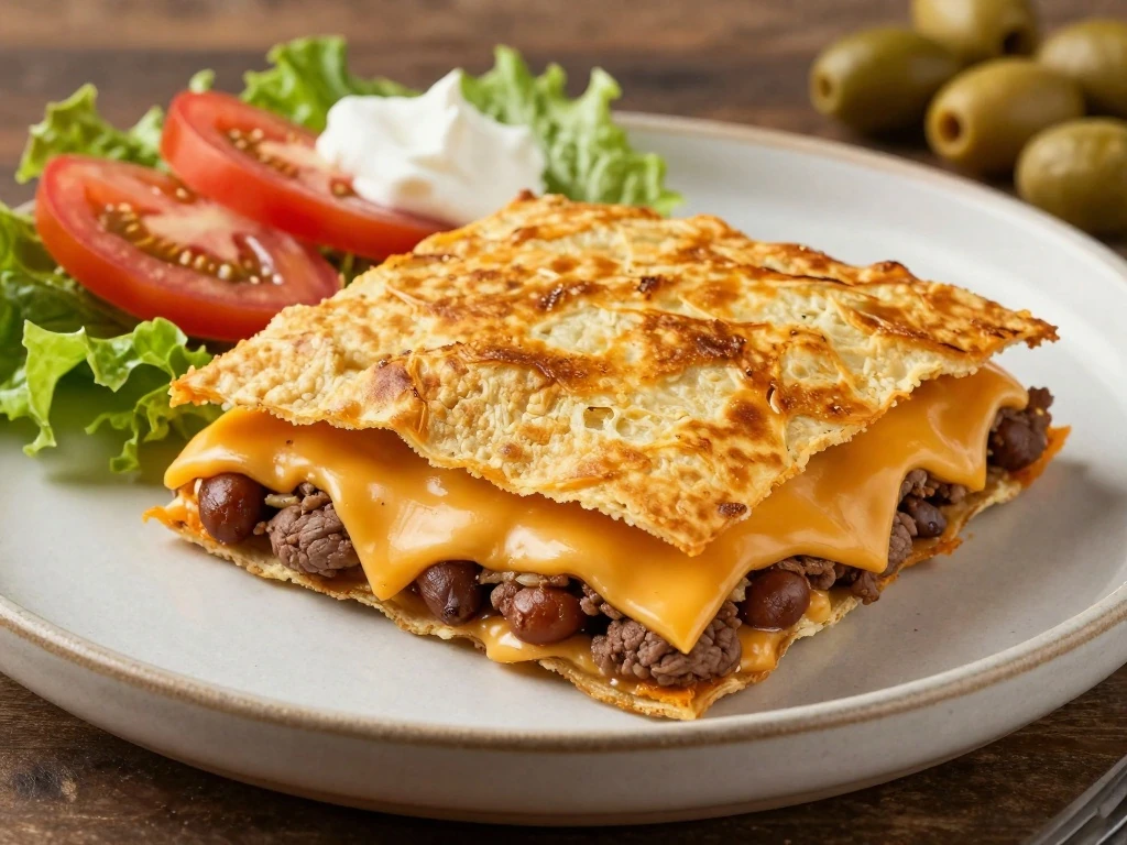 A cheesy serving of layered tostada bake with fresh toppings
