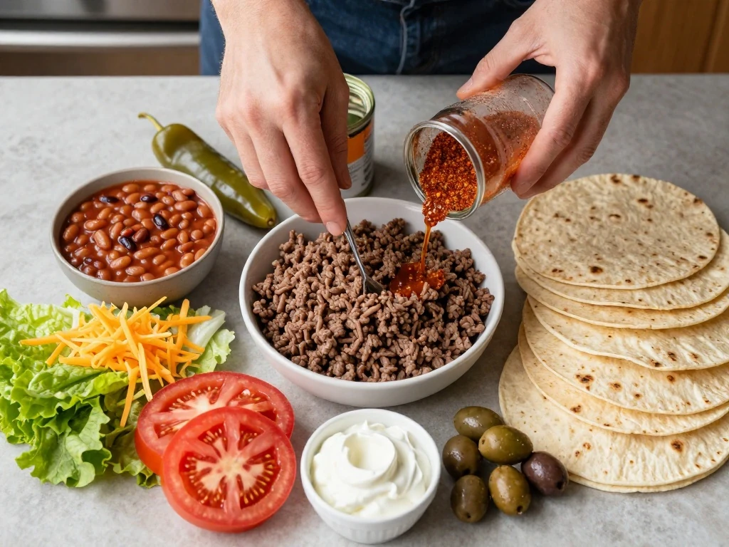 Ingredients for layered tostada bake arranged on a kitchen counter