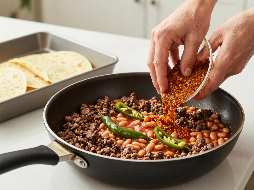 Beef and bean filling being prepared for layered tostada bake