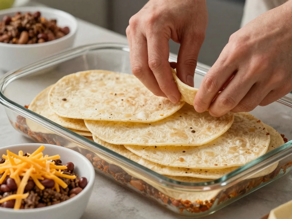 Corn tortillas arranged for firm layers in tostada bake