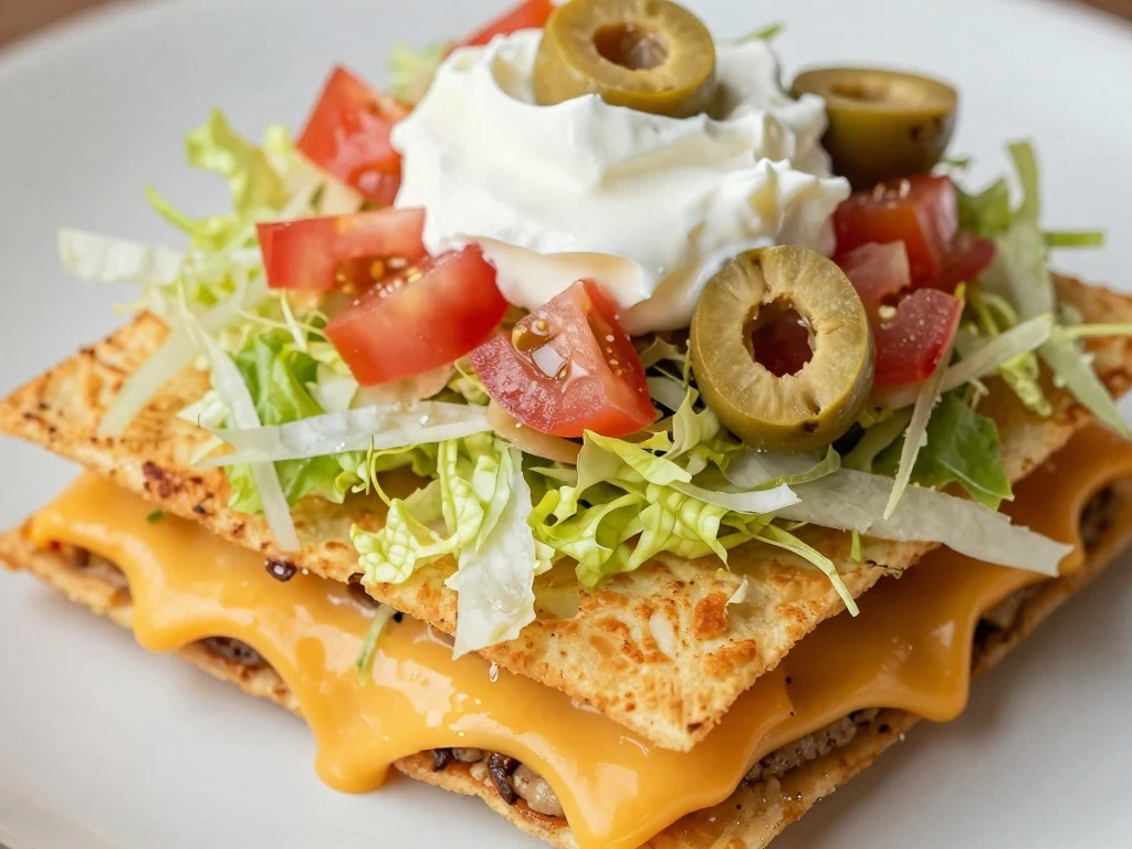 Layered tostada bake topped with lettuce tomato sour cream and olives