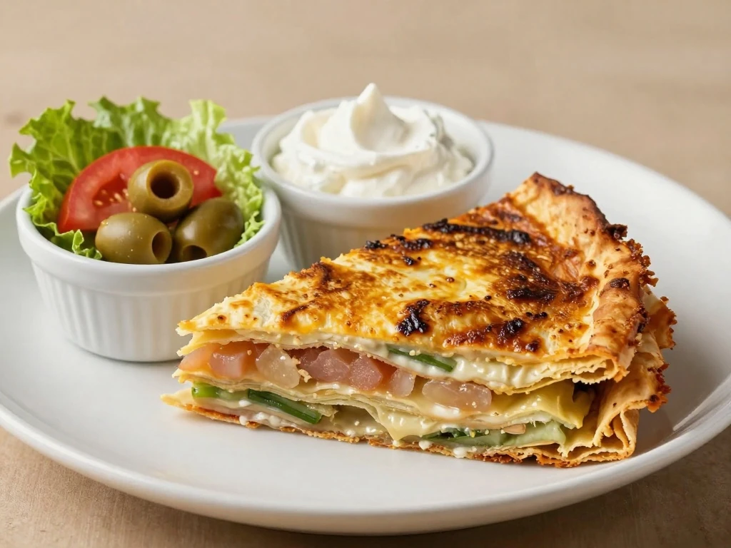 Reheated layered tostada bake served with toppings on the side