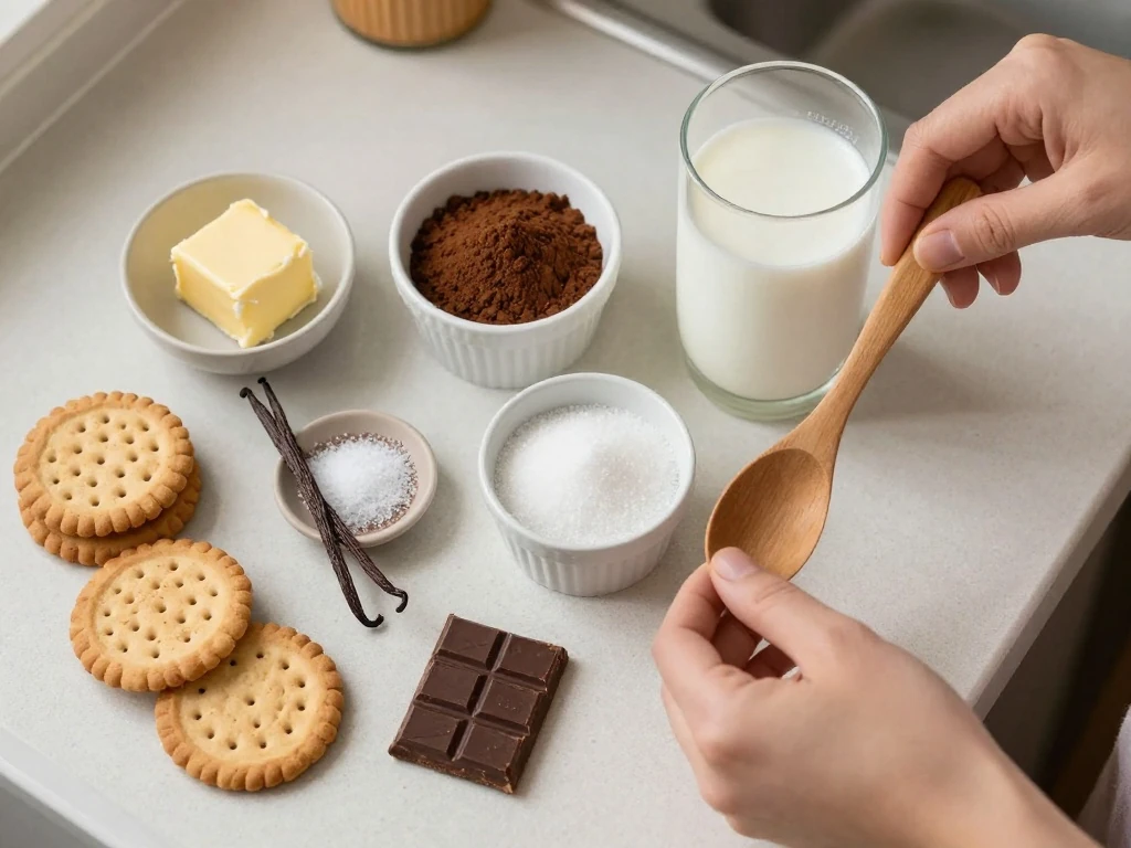 Ingredients for an easy chocolate biscuit lazy cake recipe