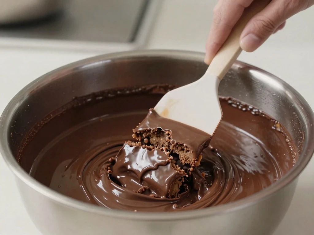Folding biscuits into chocolate sauce to make lazy cake