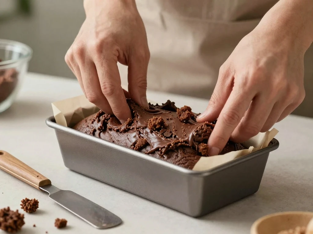 Pressing chocolate biscuit mixture into a lined loaf pan