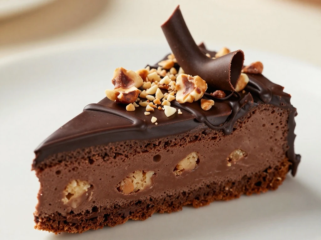 Chocolate lazy cake slice with hazelnuts and chocolate curls