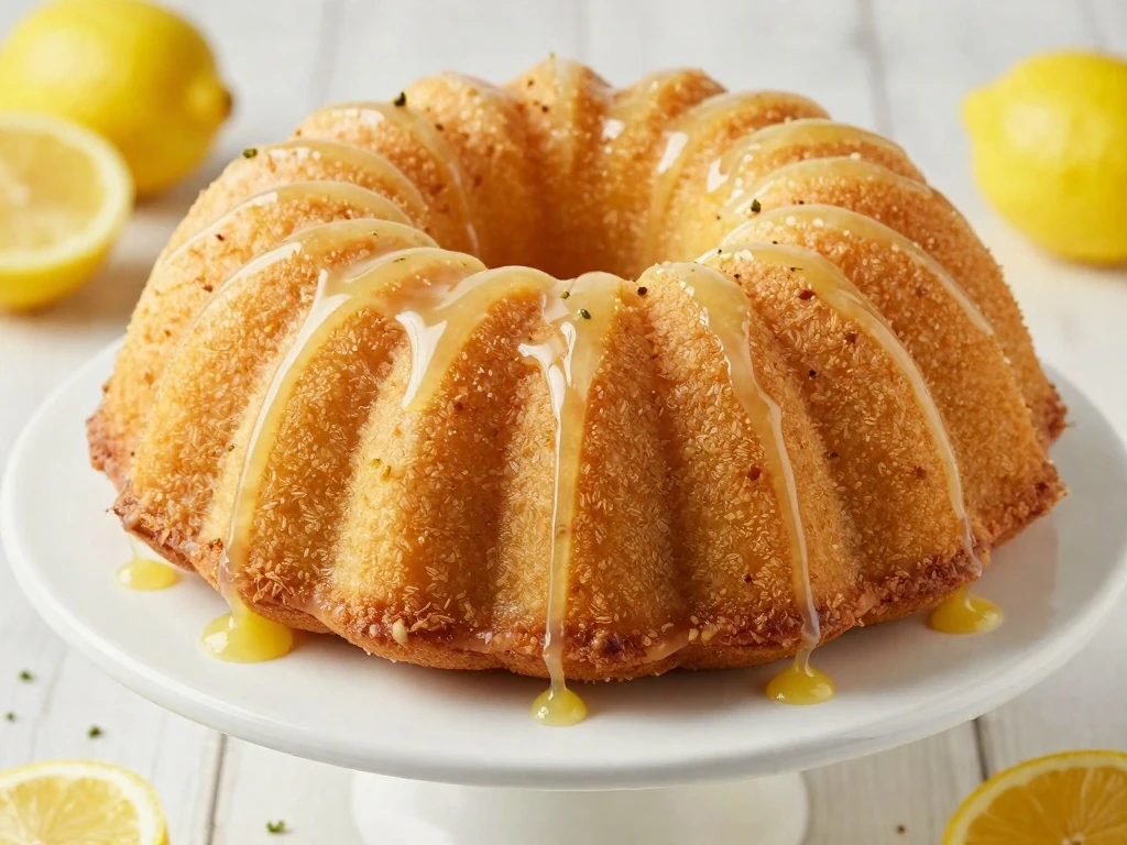 Golden lemon Bundt cake with bright lemon glaze on a cake stand