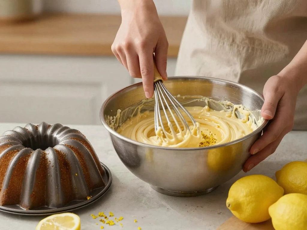 Mixing lemon Bundt cake batter before baking
