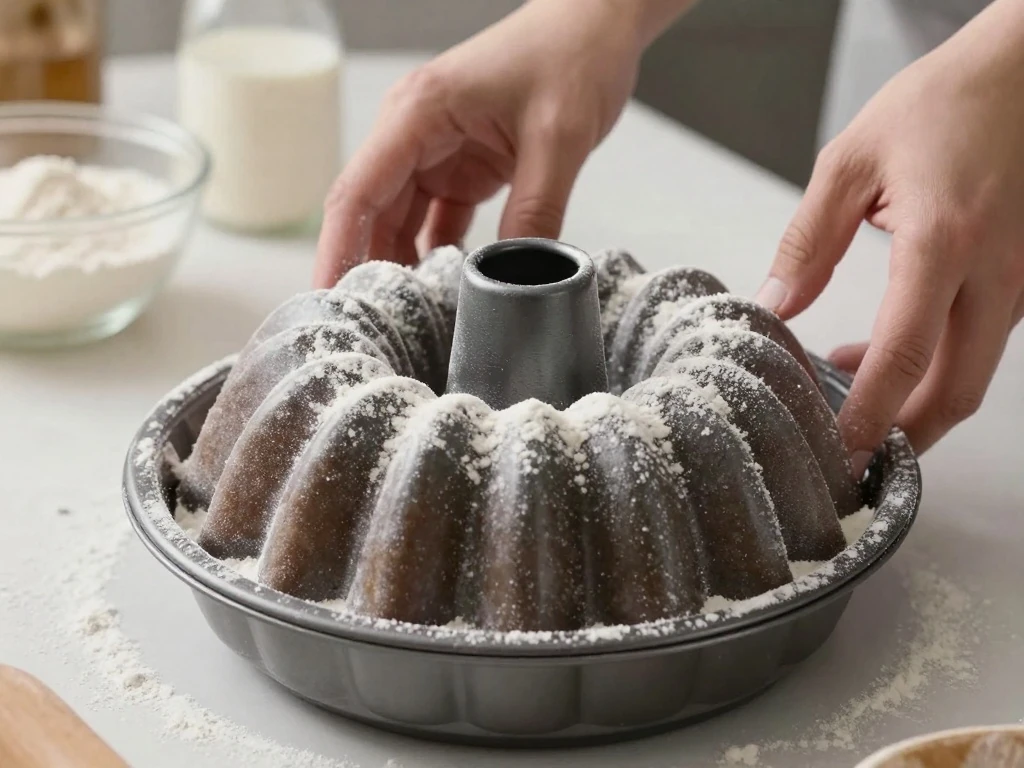 Preparing a Bundt pan carefully to prevent cake sticking
