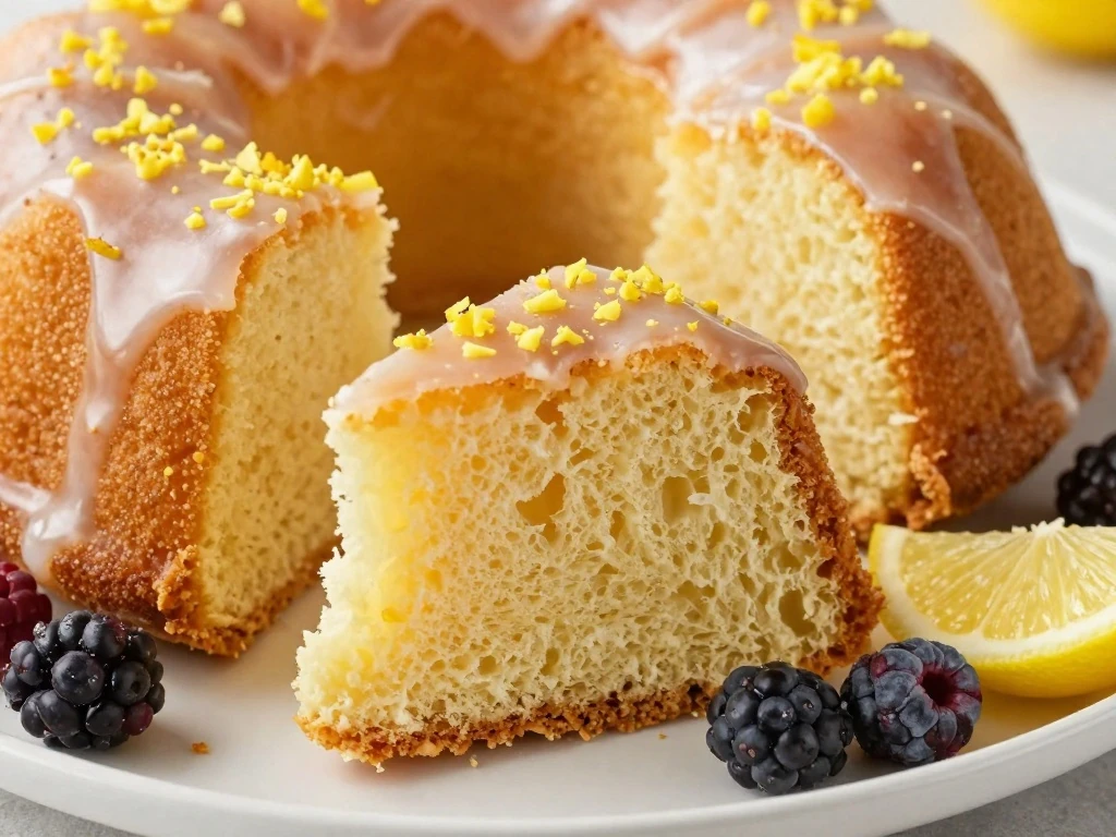 Glazed lemon Bundt cake slice served with lemon zest and berries
