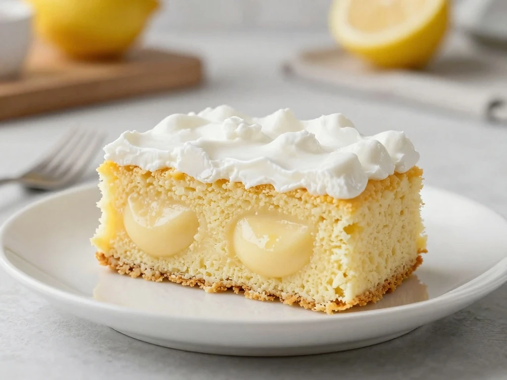 Slice of creamy lemon poke cake served on a white plate