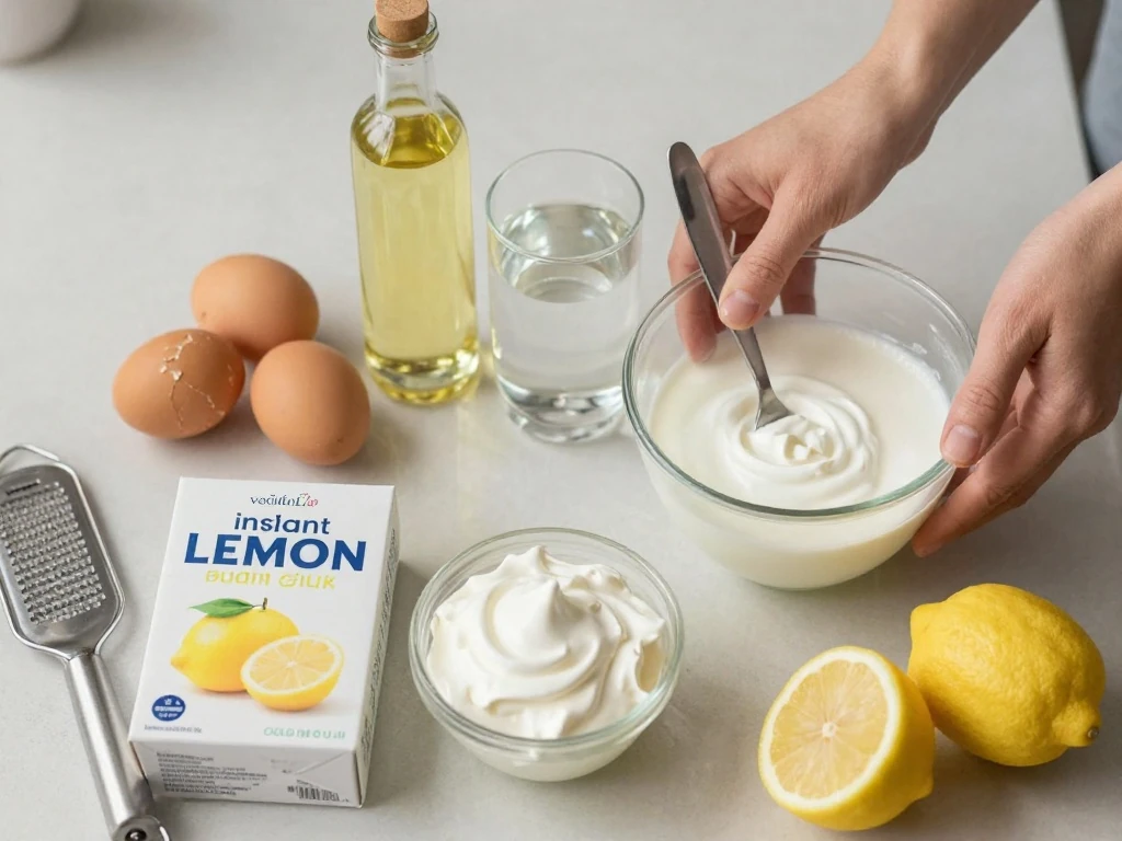 Ingredients for easy lemon poke cake arranged on a countertop