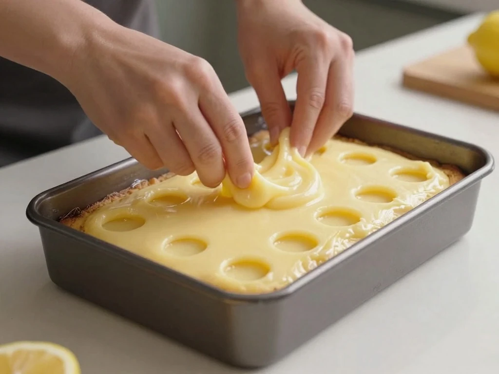 Lemon pudding being spread over holes in a baked poke cake