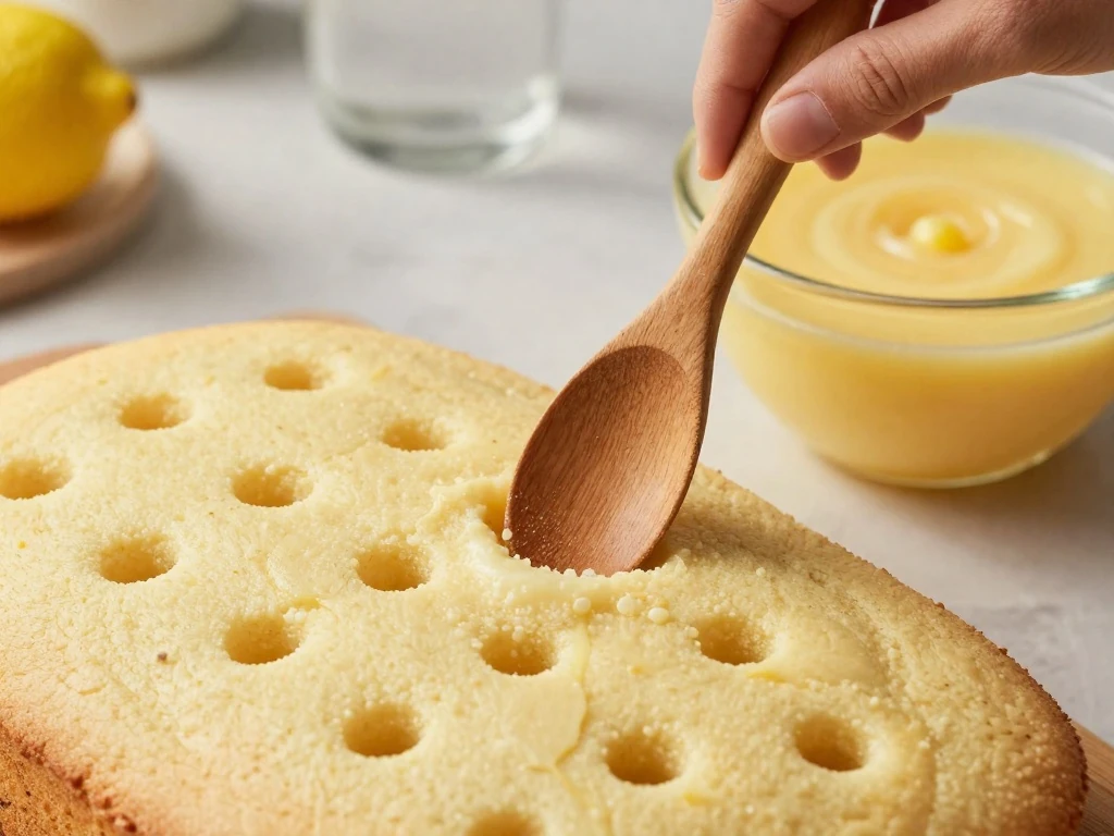 Making evenly spaced holes in lemon cake for pudding filling