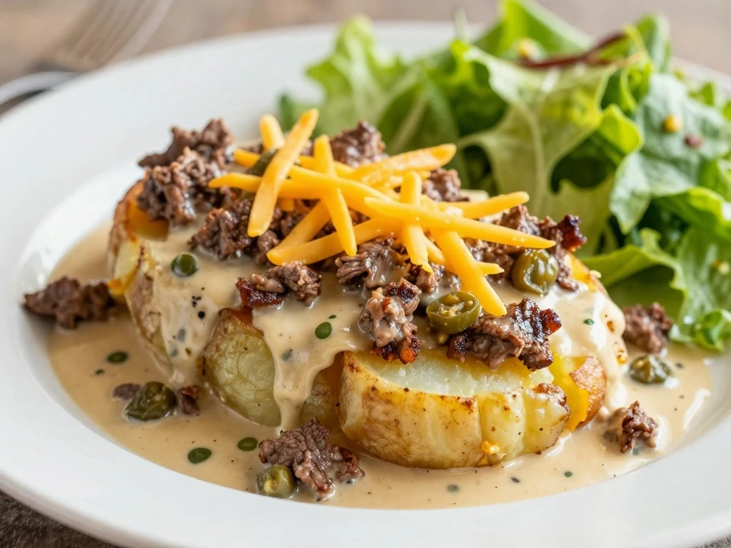 A hearty serving of Linda's Mexican Scalloped Potatoes with creamy potato layers, ground beef, green chiles, and cheddar
